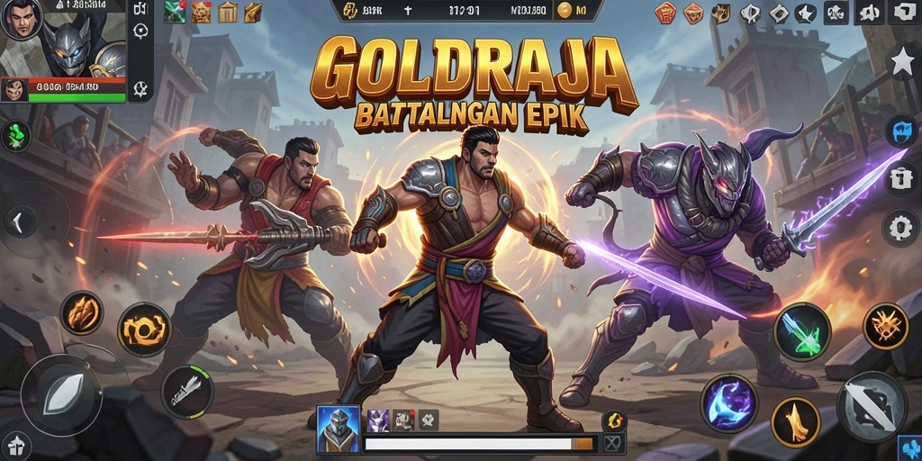 Screenshot gameplay <strong>GOLDRAJA</strong> menampilkan aksi pertempuran dengan grafis memukau.