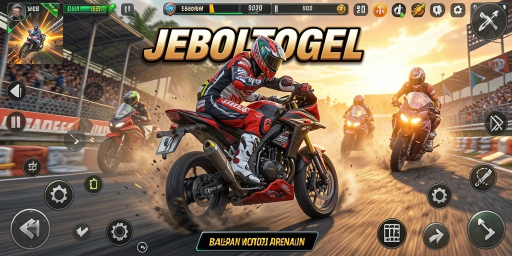 Gameplay JEBOLTOGEL menampilkan balapan motor yang cepat dan seru.