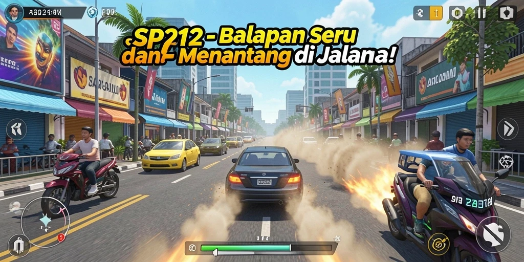 Tampilan gameplay SP212 yang penuh aksi saat balapan di jalanan.