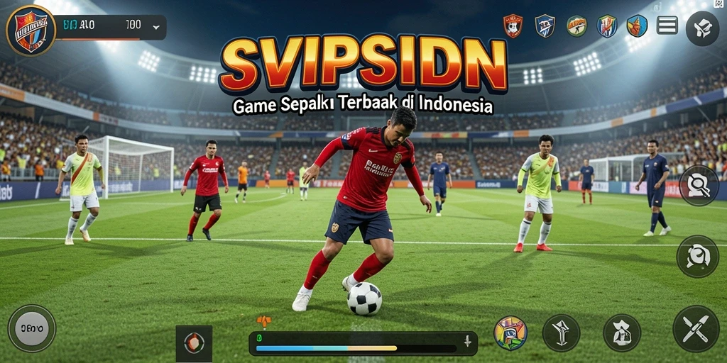 Screenshot utama menampilkan aksi mendebarkan permainan sepak bola.